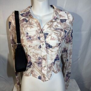 Butterfly Mesh Ruched Button Front Top Medium Y2K